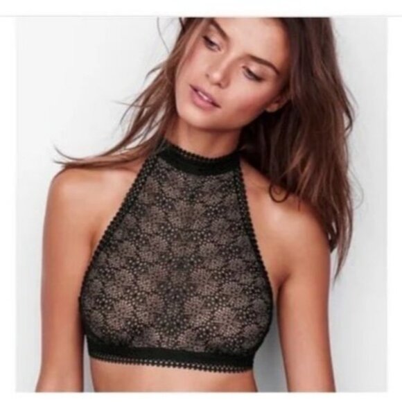 Victoria's Secret Other - Victoria's Secret Size Small Black And Nude Lace Underwire Halter Bralette Bra